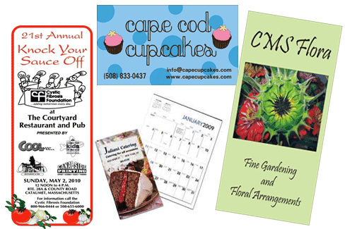 collage-2 second collage of rack cards business card calendar and brochure from Canalside Printing, Bourne Cape Cod MA